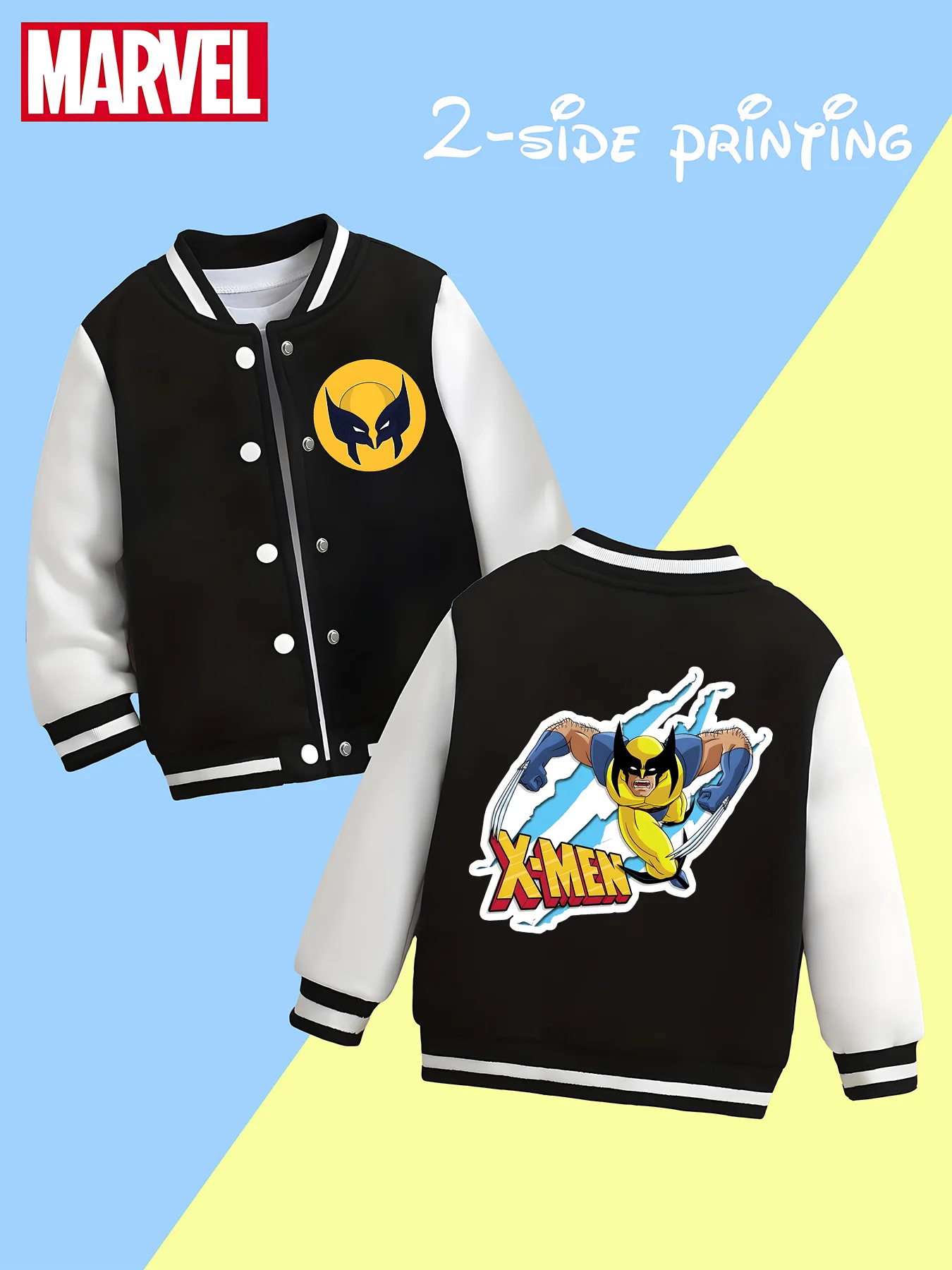 

MINISO Marvel Boys' Baseball Jacket - X-Men Wolverine Print, Double-Sided Pattern, Comfortable Fabric, Black and White, Trendy