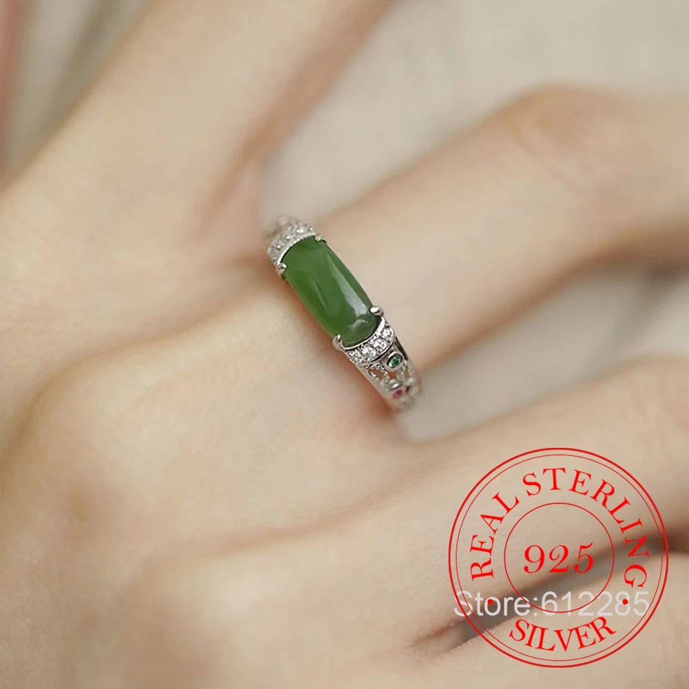 

925 Sterling Silver Jewelry Vintage Hollow Parttern Jade Open Finger Rings for Women Wedding Party Jewelry For Girls Friend Gift