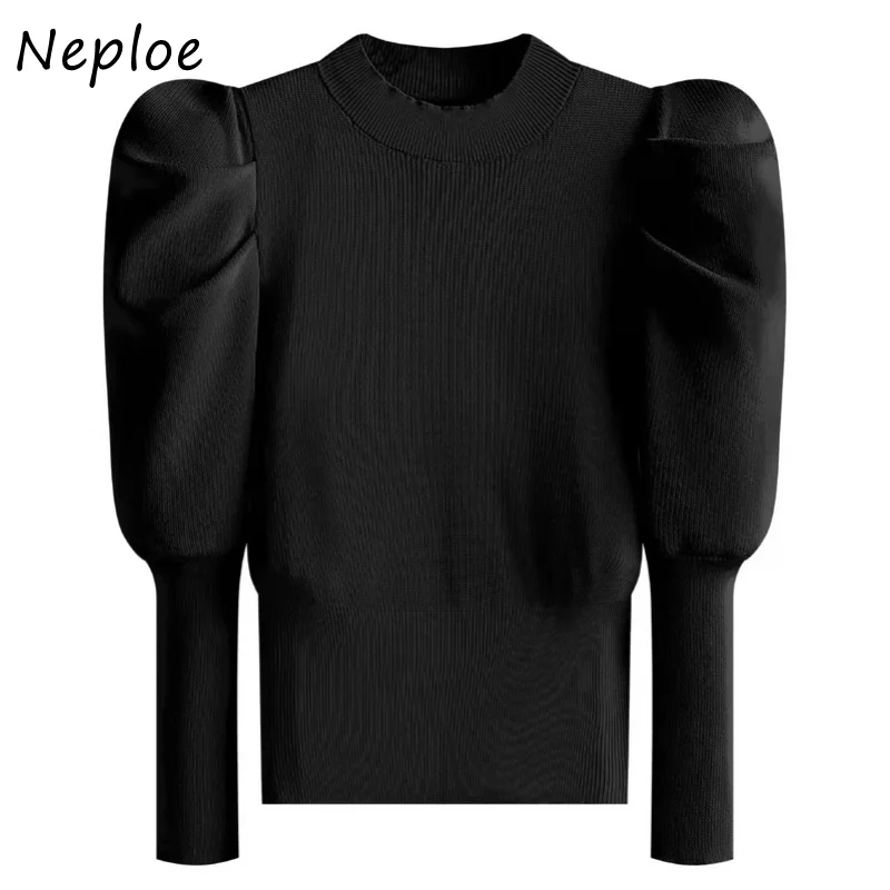 Neploe Slim High Waist Puff Sleeve Sweater Women Solid Color Knitting Pullover Shirt Woman Half-high Collar Bottoming Sweaters