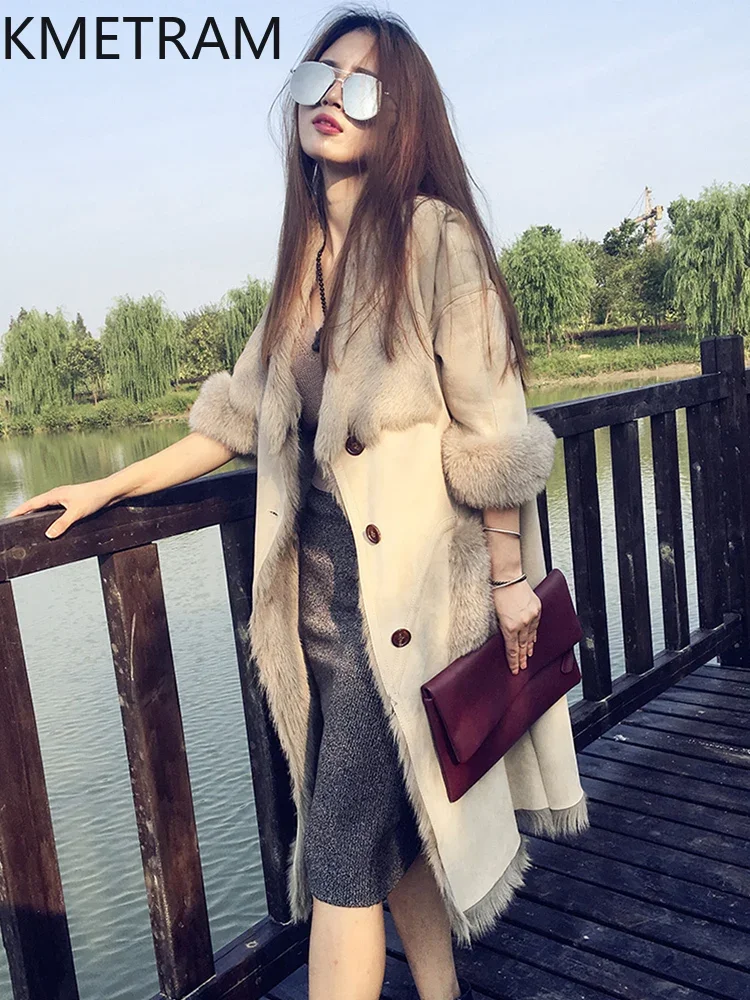 Natural Wool Sheepskin Double Faced Fur Coat Women 2024 Winter Clothes Luxury Fashion Long Coats Woman Fox Fur Pocket Fourrure