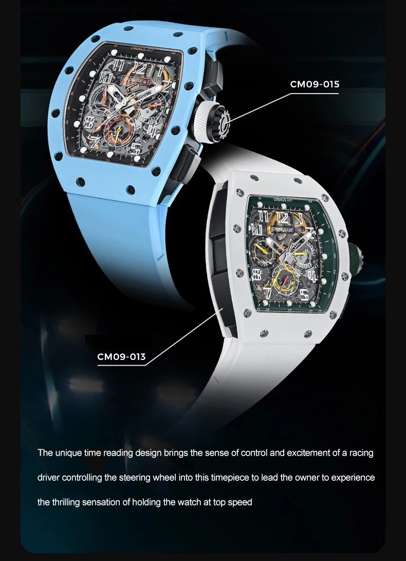 CRONUSART 남자 크로노 그래프 시계 토노 탄소강 케이스 50mm * 42mm 자동 기계식 손목 시계 빛나는 불소 고무 스트랩