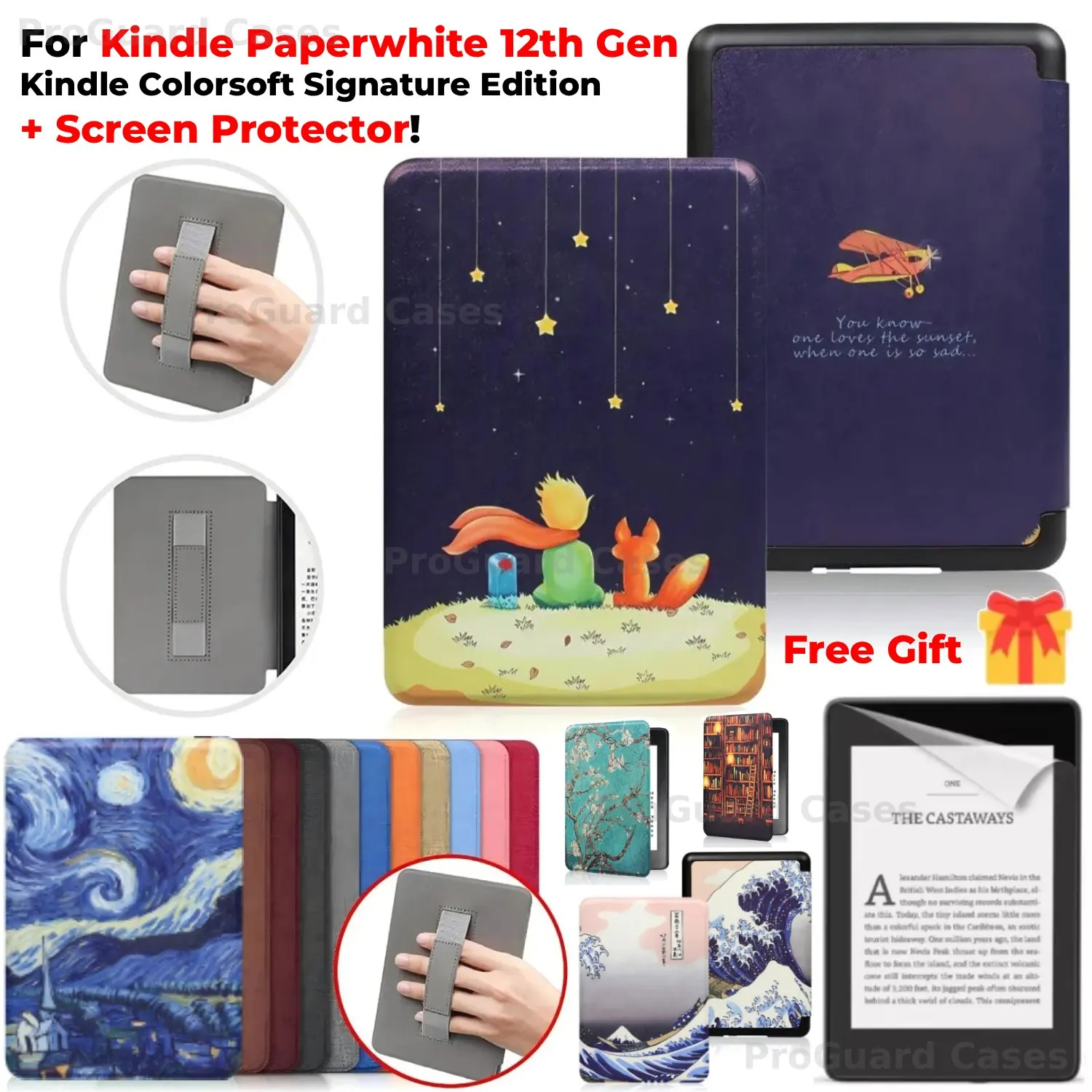 For Kindle Paperwhite 12th Gen Case with Hand Strap + Screen Protector Colorsoft Signature SA569P SA568B 7'' Auto Sleep Cover