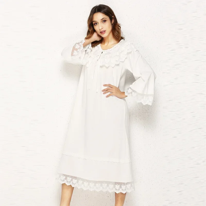 

Romantic Peignoir Robe Princess Sleepwear Victorian Cotton Night Dress Women Autumn Winter White Long Sleeve Vintage Nightgowns