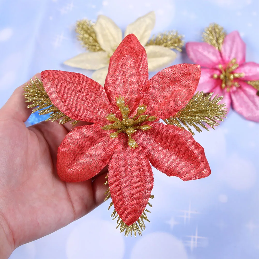 

6pcs Artificial Glitter Flowers Christmas Decor Lightweight Elegant Festive Atmosphere Flower nament Tree Wreath Craft Party