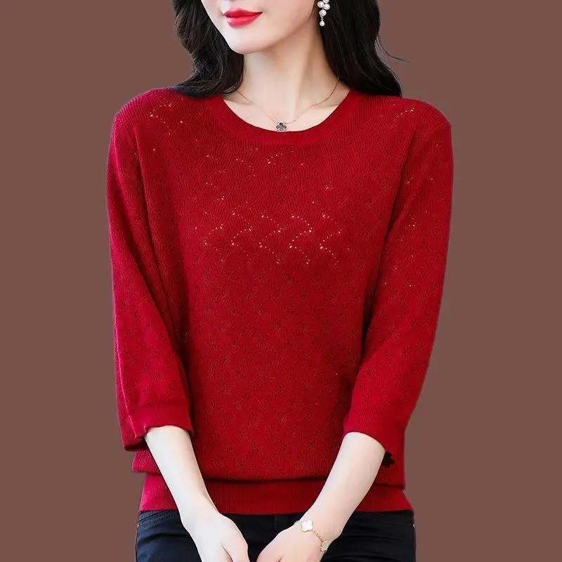 Spring Autumn Women Clothing Hollow Out T-shirt Elegant Vintage Solid Tees Female New 3/4 Sleeve Pulover Fashion Casual Tops 6XL