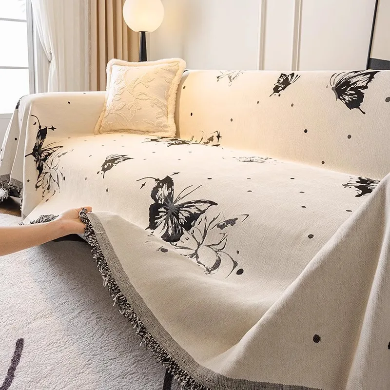 Soft Chenille Butterfly Printed Sofa Towel Nordic Full Cover Couch Slipcover with Tassels Luxury Sofa Blanket for 1/2/3 Seater