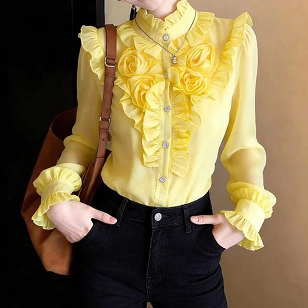 Fashion explosion age reduction  unique beautiful top high sense yellow three-dimensional flower shirt women's spring