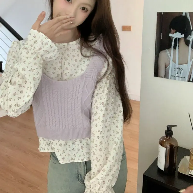 

Femme Spring Summer Fashionsli Floral Trend Two-piece Set All-match Preppy Style Young Style Knitting Vest Cardigan Long Sleeve