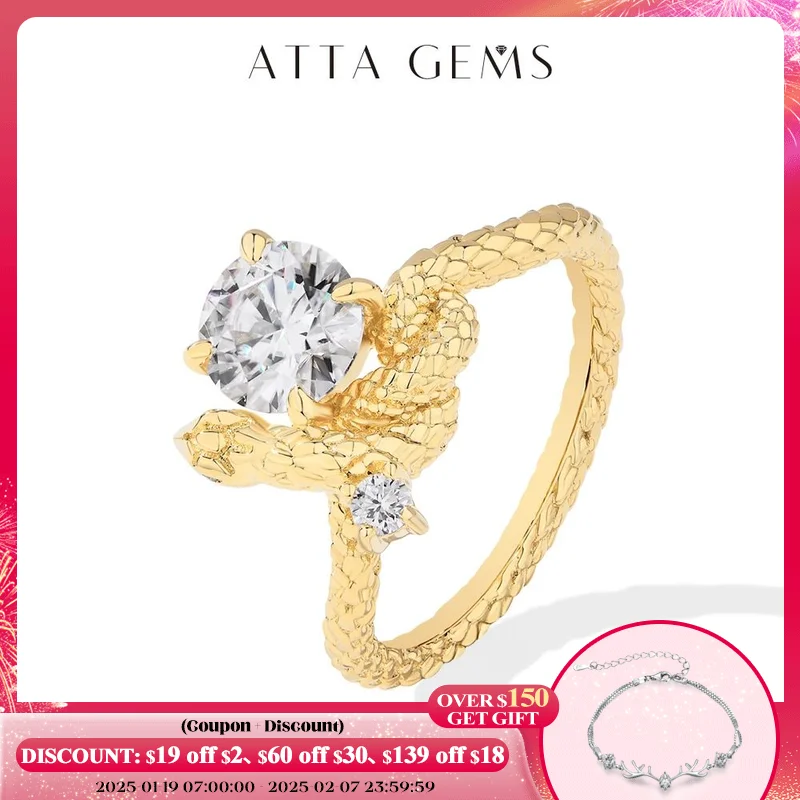 ATTAGEMS Original Snake Moissanite Rings Round Cut 1.2CT for Women Men S925 Silver 18K Gold Plated Engagement Party Jewelry Gift