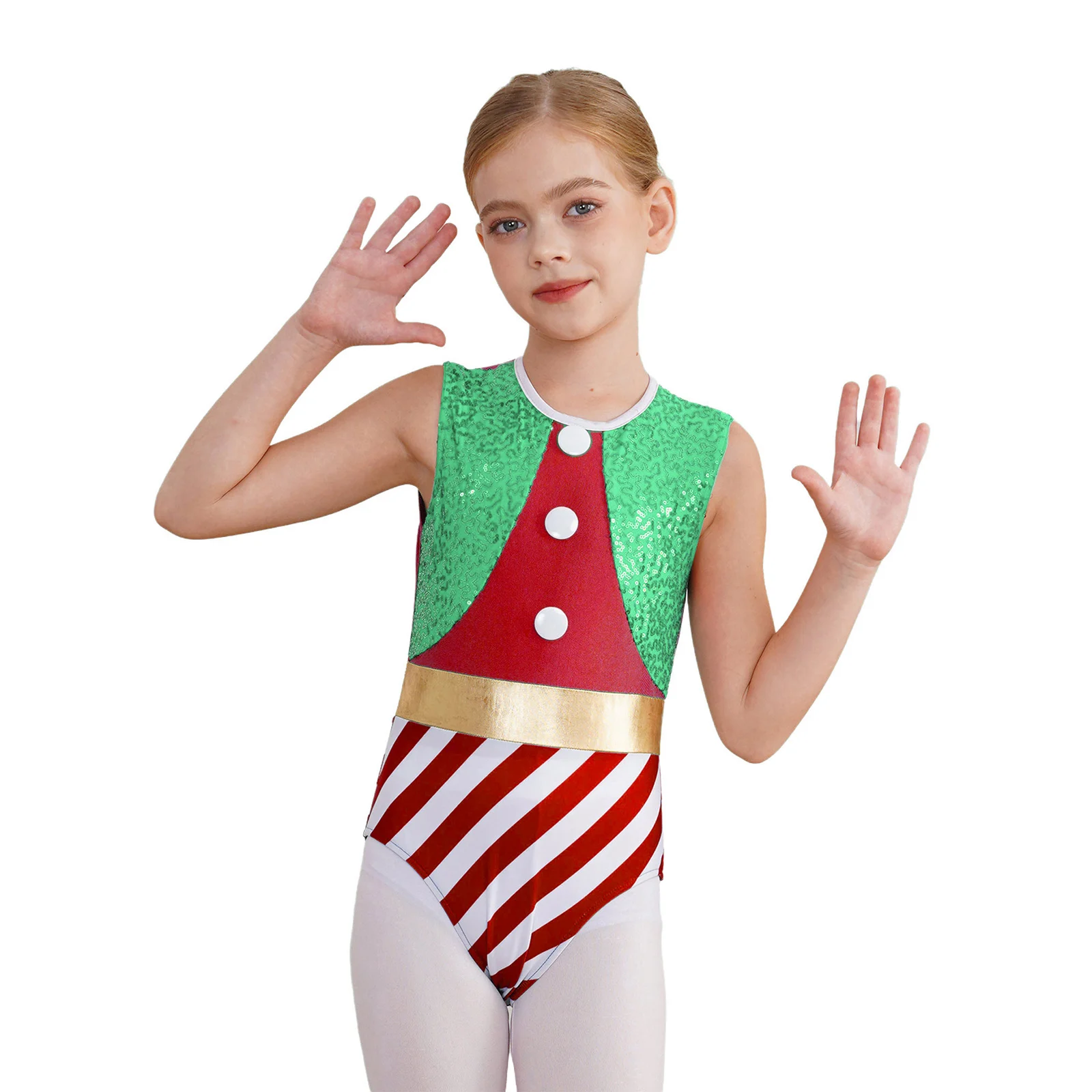 Kids Girls One-piece Christmas Xmas Dress Up Costume Sequins Stripes Ballet Dance Leotard Jumpsuit Gymnastic Unitard Bodysuit