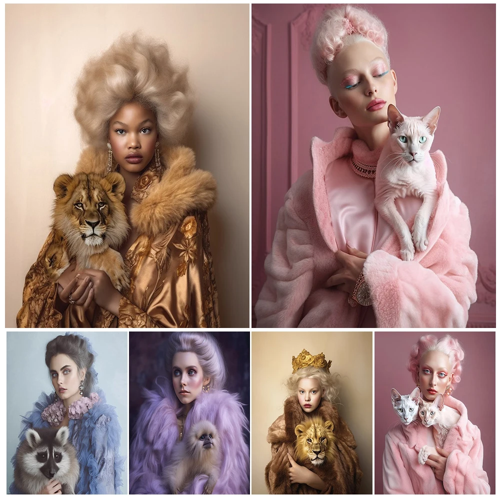 

Fashion Girl with Cat Dog Pet Modern Woman Poster Wall Art Canvas Painting Home Decor Wall Pictures For Living Room Unframed