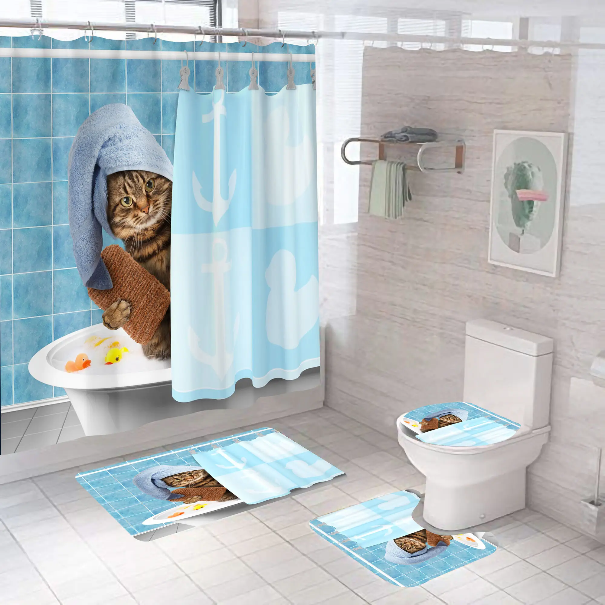 Cartoon Katze Duschvorhang Set Tier Schwarz Wasserdicht Bad Wc Deckel Sitzbezug Bad Rutschfeste Matte Teppich Badezimmer Decot Abdeckung – Detail 1