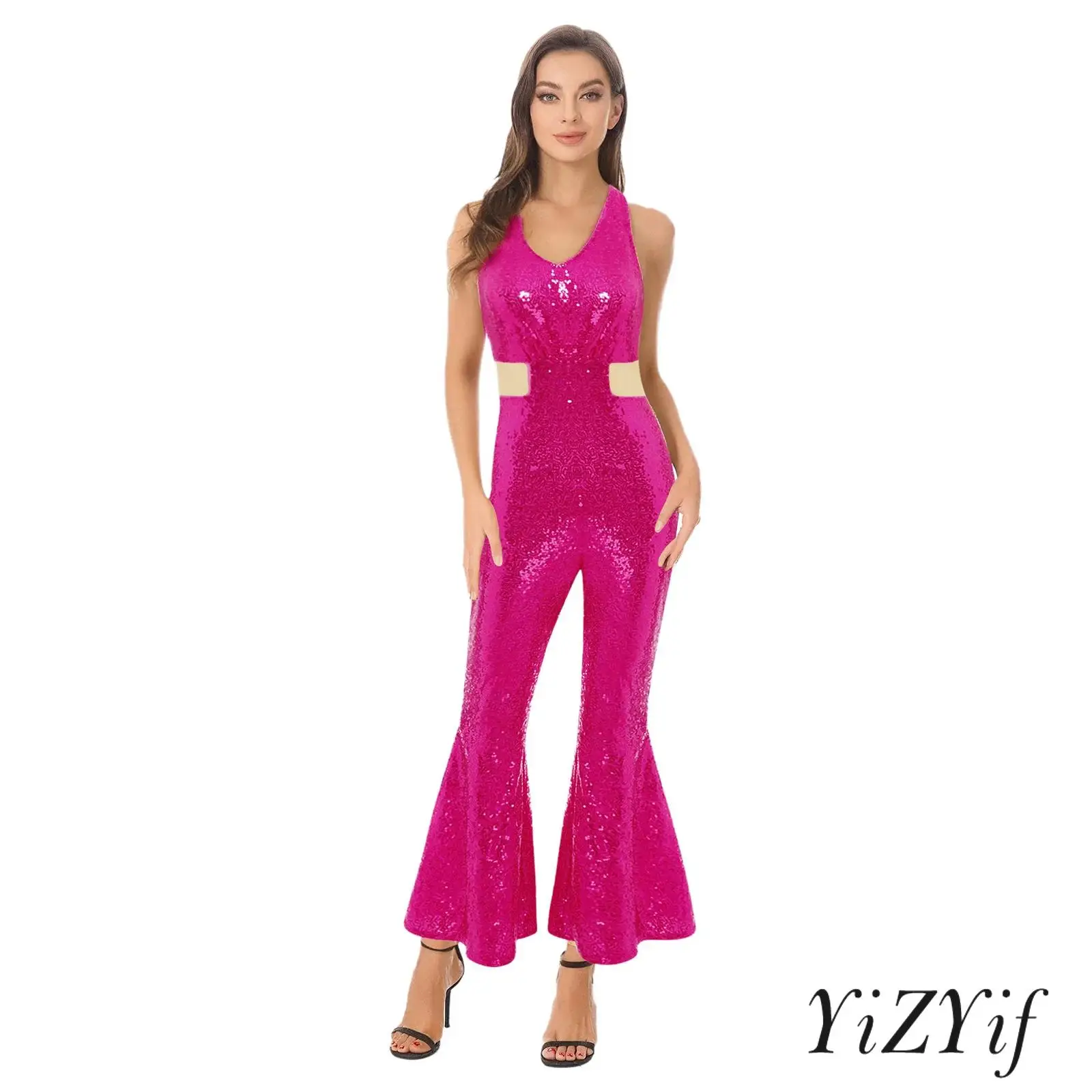 

‌Womens Trendy Mesh Patchwork Ruffled Jumpsuit Sparkling Sequins Polyester Spandex Blend for Jazz Dance Parties Night Out