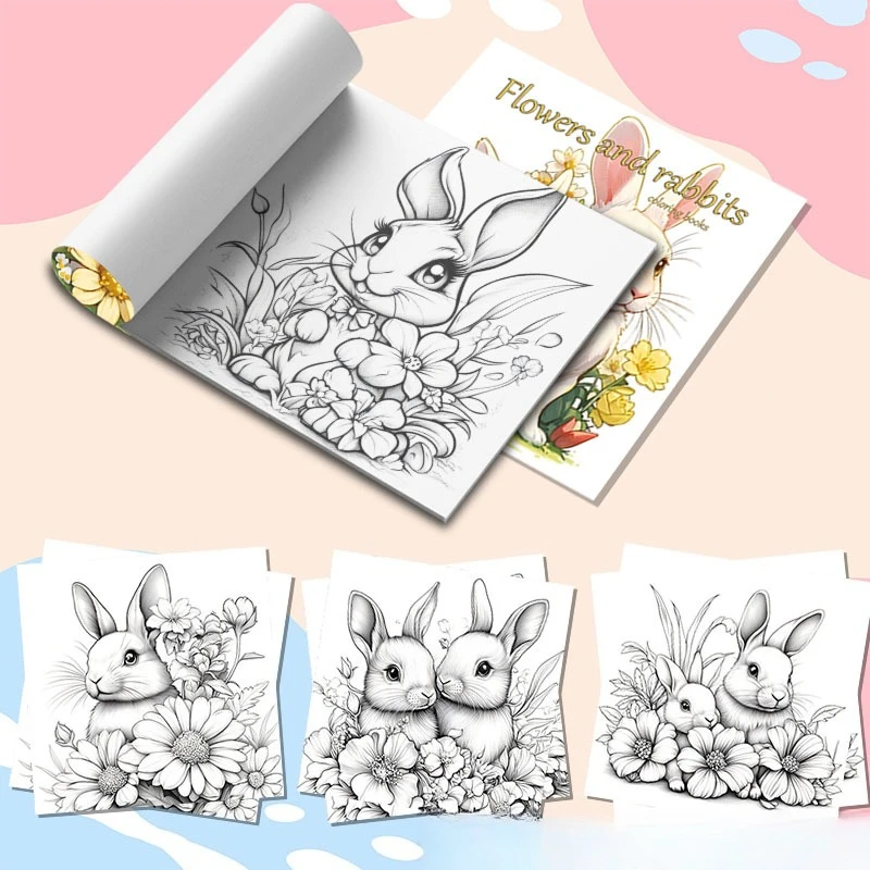 Flowers and Rabbits Coloring Book Cute White Bunny Spring Floral Garden Stress Relief Drawing Book