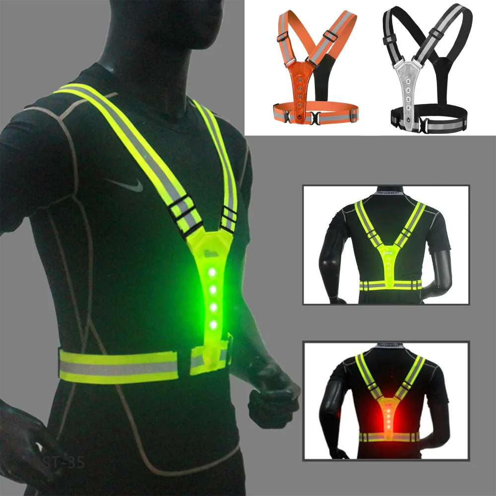 LED Reflective Running Vest Adjustable Elastic Men/Women Security Vest High Visibility Warning Lights Safety Gear for Cycling
