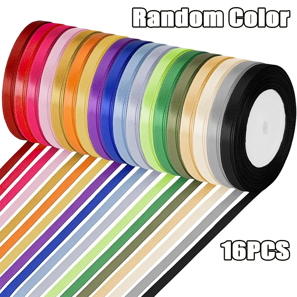 Zufällige Farben, 16 Rollen, 6 mm, Satinband-Set aus Polyester, mehrfarbige, glatte, glänzende Bänder, zum Basteln von Schleifen, zum Verpacken von Geschenken, für Blumenarrangements, als Dekobänder für Hochzeiten und Partys. – Detail 1