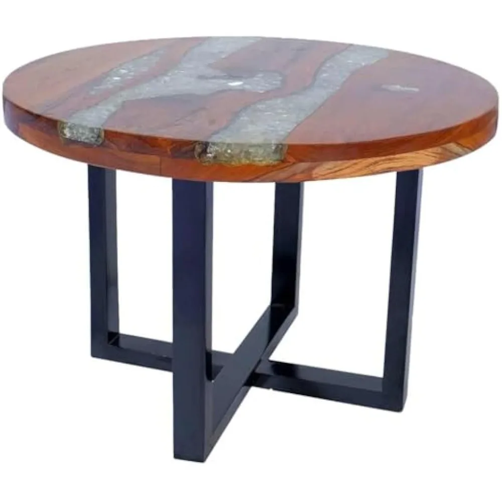 Coffee Table with Resin Inlay, Round Center Table with Lacquer Finish for Living Room, Fully Handmade, 23.6''Φ x15.8'', Solid T