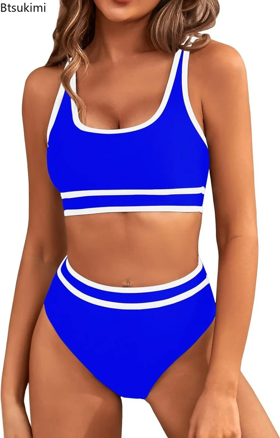 2025 Women's Sporty Strappy Bikinis High Waist Swimsuit Solid Sexy Swimwear Female Bathers Bathing Swimming Swim Suit Beachwear