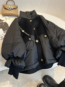 여성용 블랙 패딩 재킷, 캐주얼 루즈 코튼 코트, 오버사이즈 두꺼운 따뜻한 파카, 레이디 패션, 슈퍼 핫 스탠드 칼라 재킷, 겨울