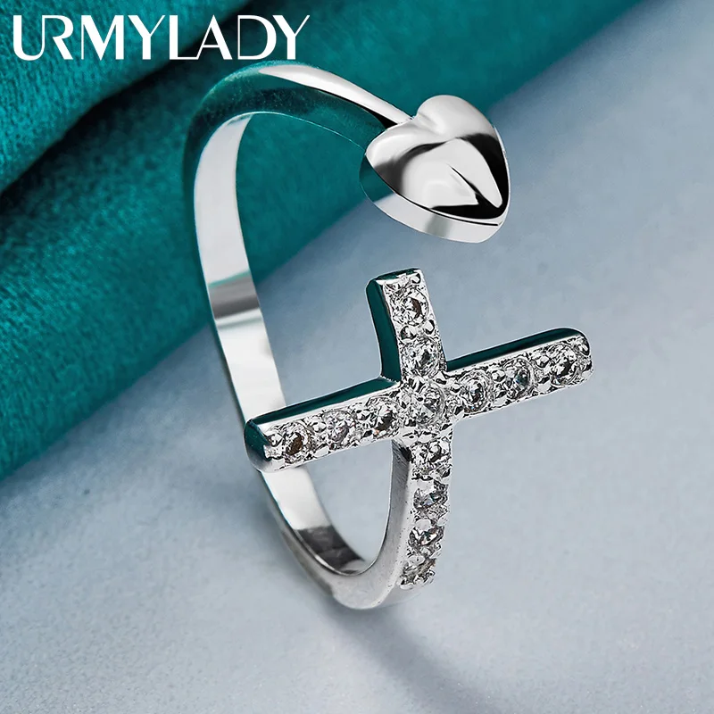 URMYLADY 925 Sterling Silver Cross Zircon Heart Ring For Women Wedding Engagement Party Fashion Jewelry