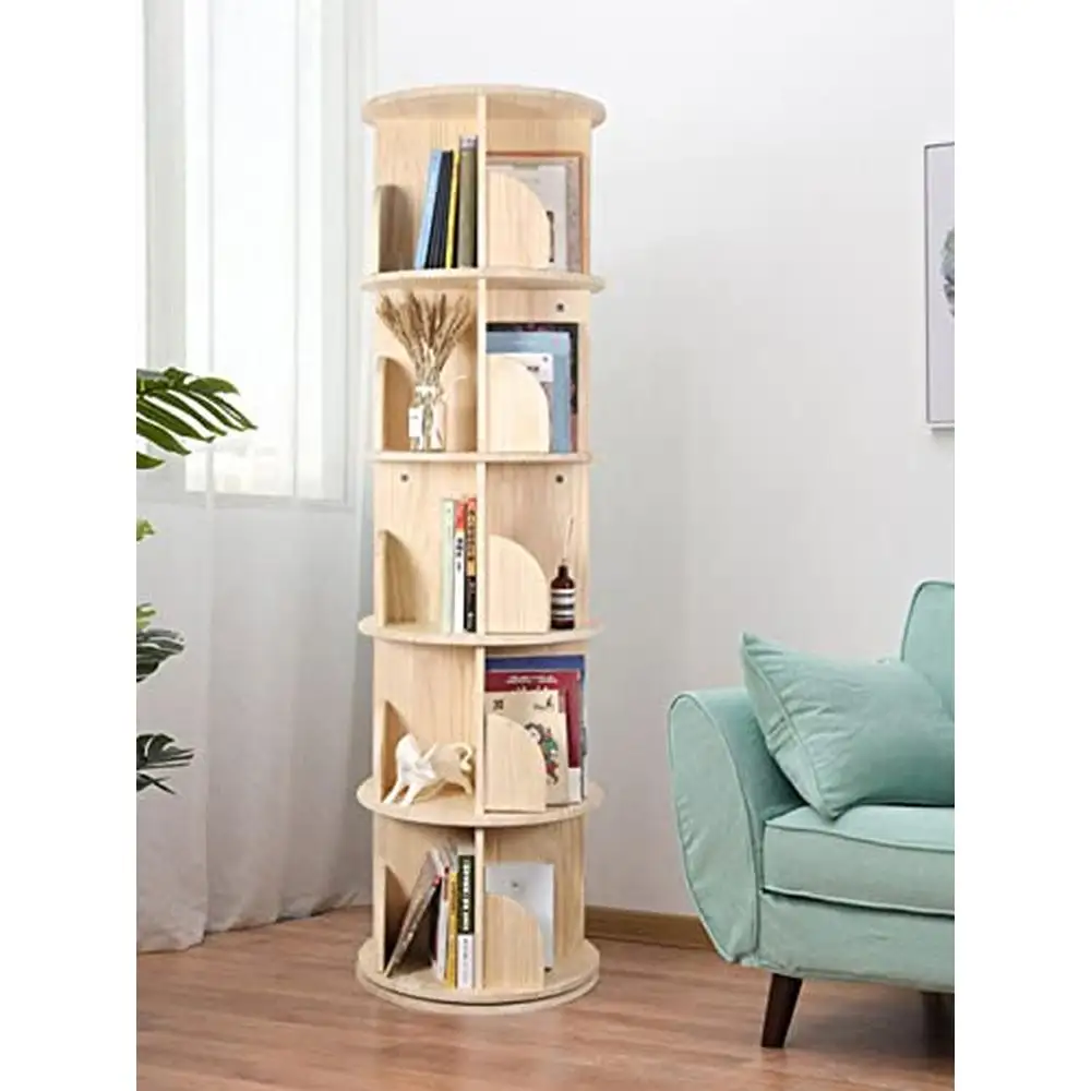 360 Rotating 5-Tier Wood Bookshelf Organizer Storage Rack with Stackable Shelves Kids Adults Bedroom Office & Living Room