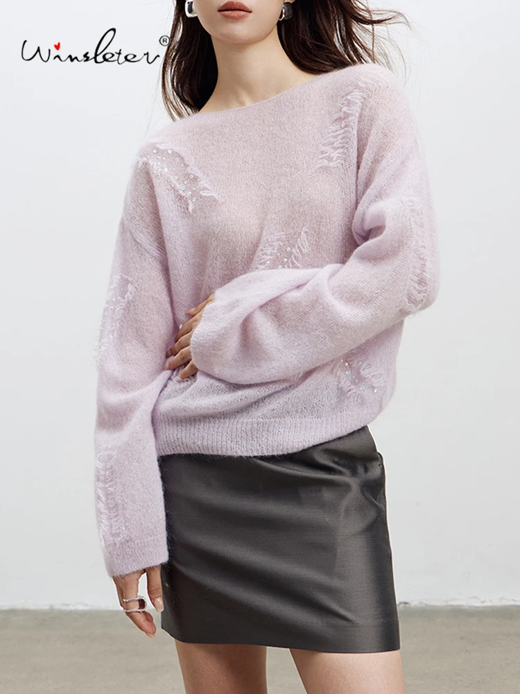 

Winsleter-33%Sheep Wool 30%Mohair Elegant Sweater, Women O Neck Beading, Soft Versatile Loose Sweater, 2025 Autumn New T58906CC