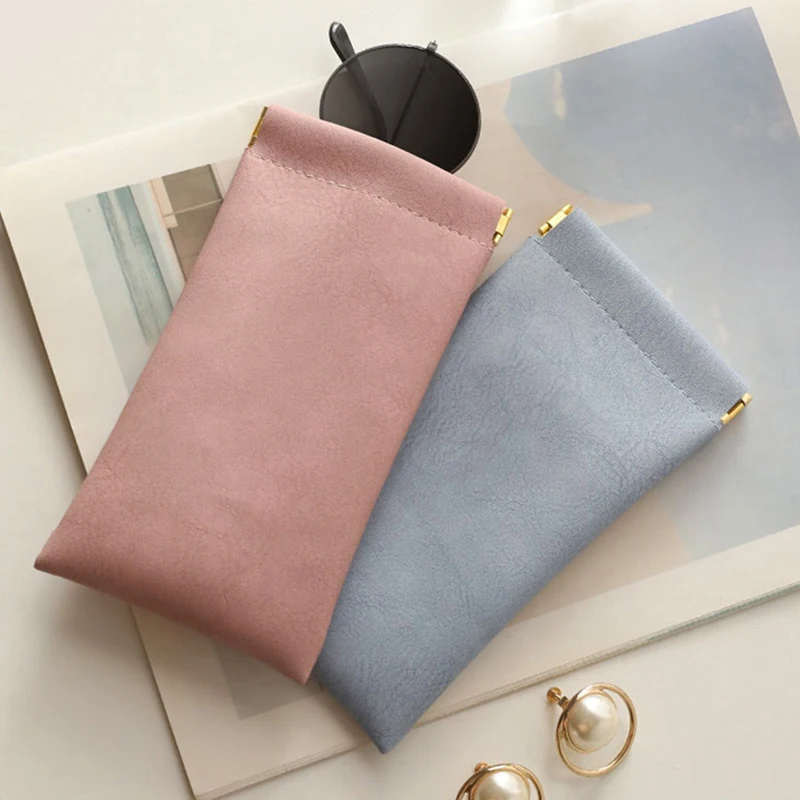 Glasses Case Women's PU Leather Glasses Storage Bag Automatic Closed Cover Soft Eyewear Pouch Data Cable Organiser