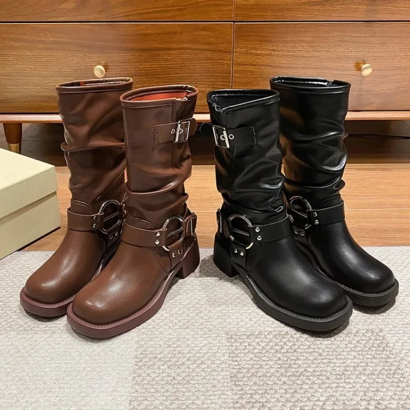 Fashion Buckle Motorcycle Boots Women Round Toe Med Heels Ankle Boots Woman 2024 Pu Leather Square Heel Autumn Platform Shoes