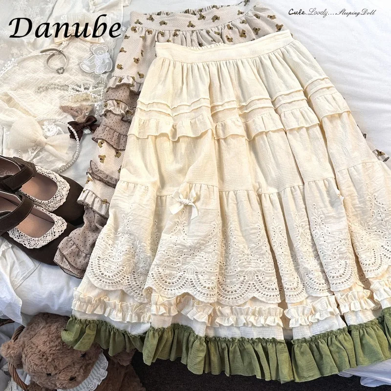 Women's Vintage Ruffled Patchwork Corduroy Lolita Skirt Japanese Mori Girl Bow Embroidery High Waist A-Line Kawaii Skirt Female