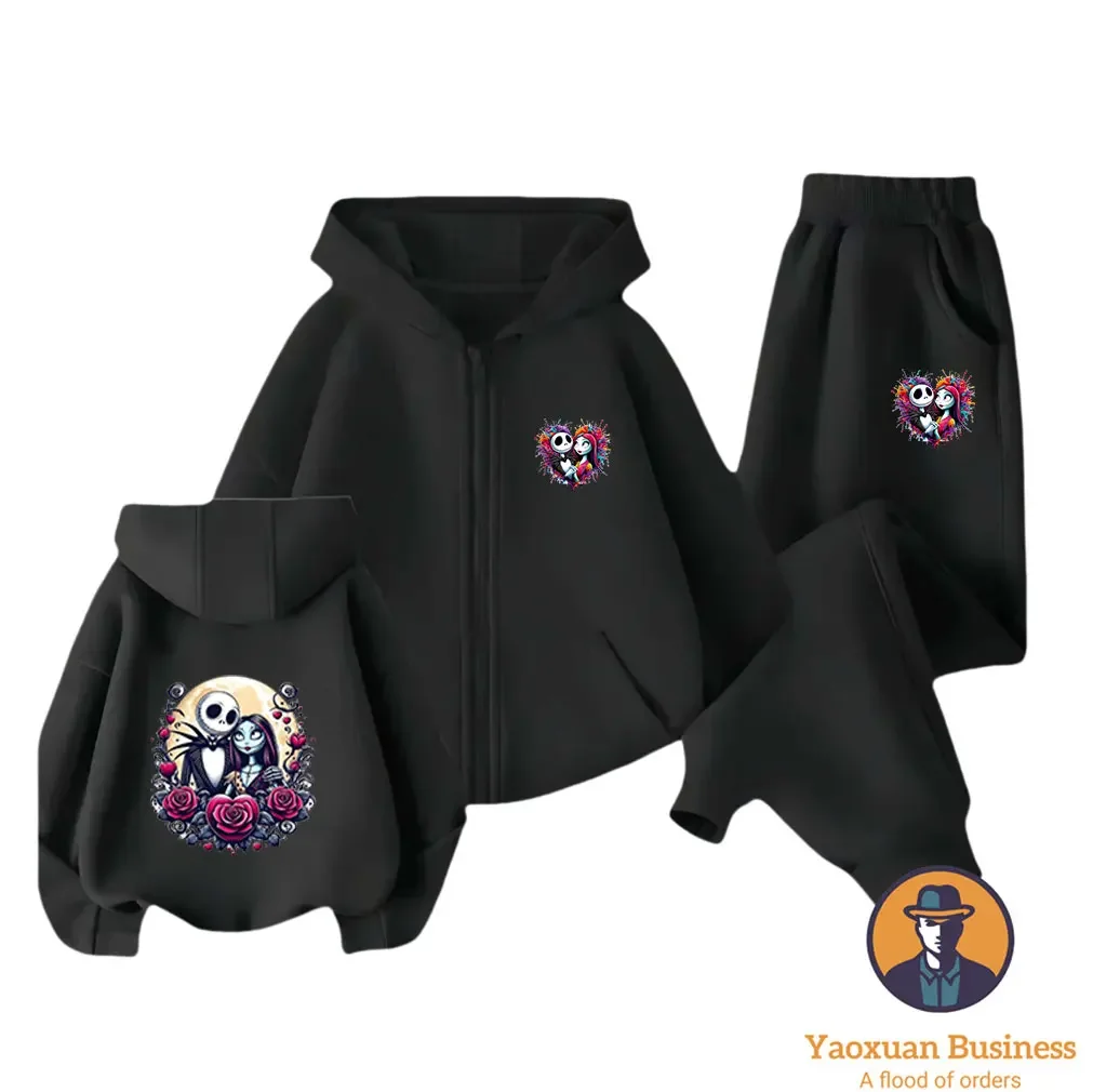

Trendy 2025 Kids Nightmare Before Christmas Jack Skellington Zip-Up Hoodie Set Fleece Lined Thermal Windproof Autumn
