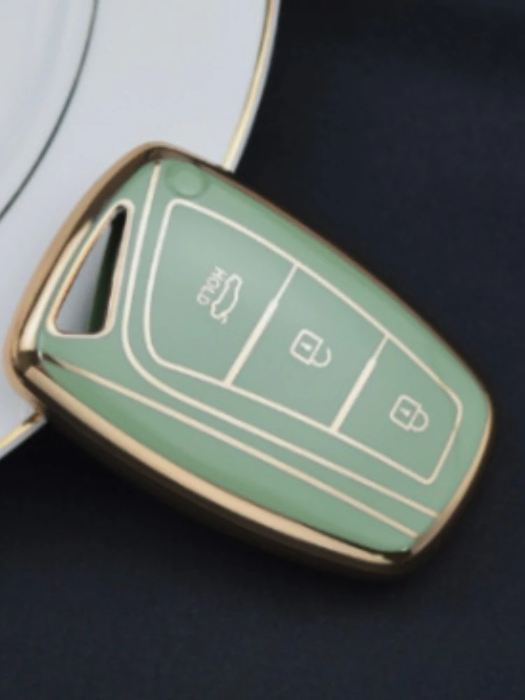 Suitable for Hyundai 2023 2024 TPU Gold Edged Key Case I3 Key Green Gray White Black Car Key Protection Cover Gold Edged Version