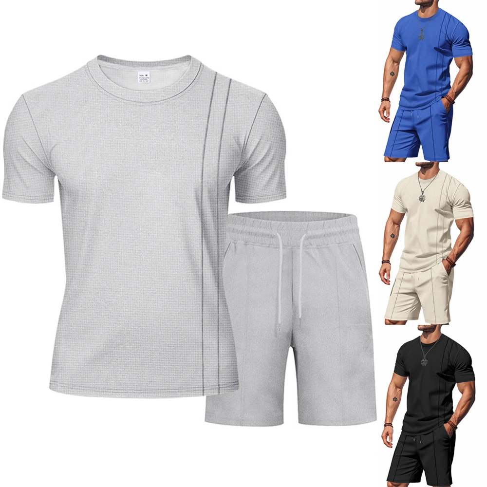 

Fashion Men's Casual Sportswear Shirt+shorts Sets Solid Color Men's Short-sleeved Shirt and Shorts Jacquard Texture Sports Suits