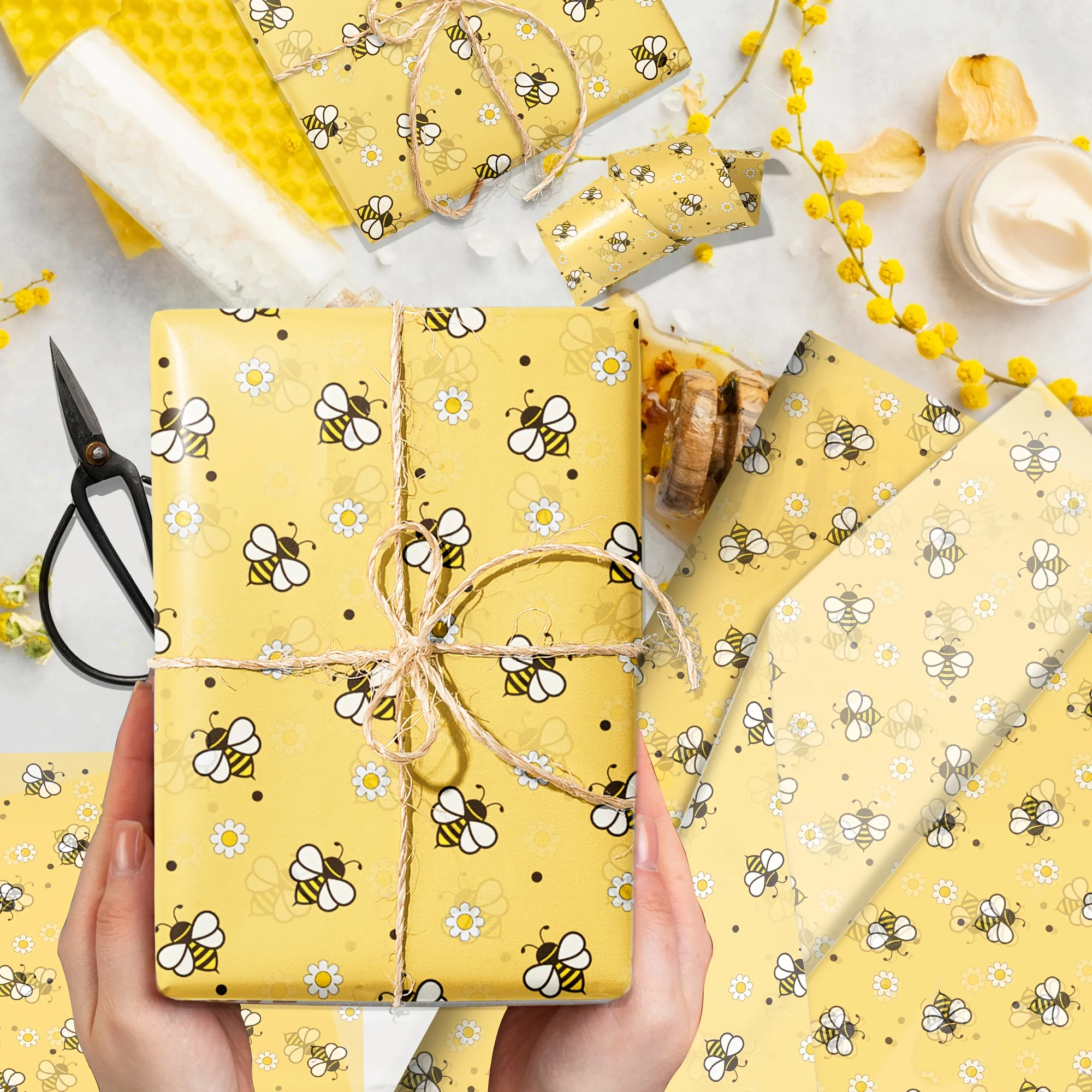 18 Sheets Bee & Daisy Gift Wrapping Paper, 13.78x19.69 Inch Yellow Floral Bouquet Wrap for Birthday, Wedding, Graduation Party,