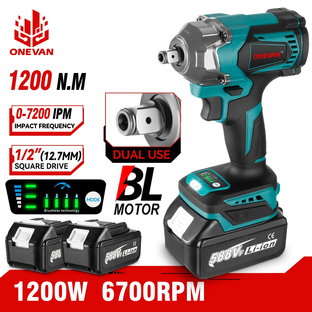 ONEVAN 1200Nm Brushless Electric Impact Wrench Cordless Wrench Socket Rechargeable 1/2Inch Li-ion Battery For Makita 18V Battery