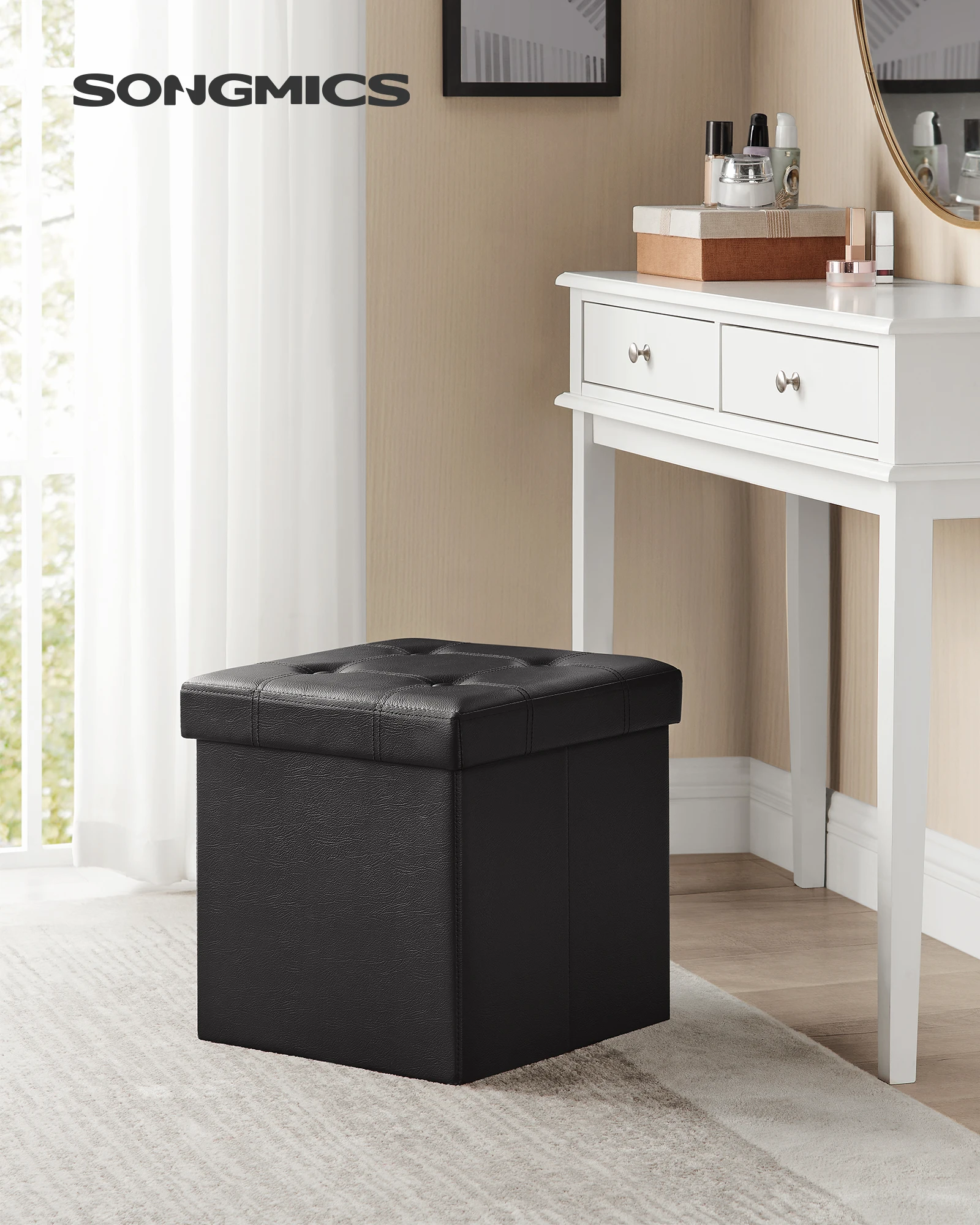 SONGMICS 15 Inches Ottoman with Storage, Footstool, Storage Ottoman with Metal Grommet Handles, Synthetic Leather