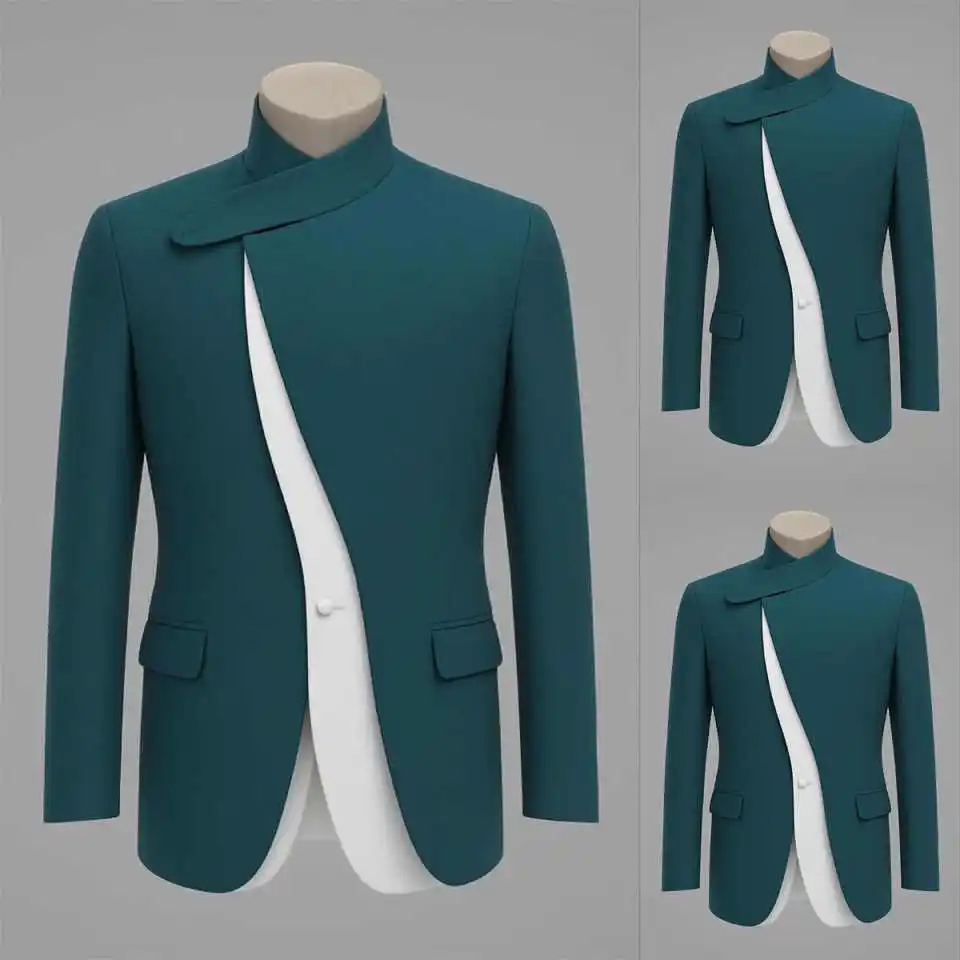 Unique Designer Men Tuxedos One Piece Stand Collar Jacket Business Birthday Party Formal Groom Customized