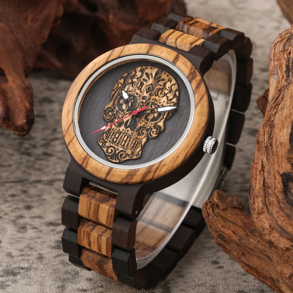 Steampunk Flower Skeleton Red Seconds Dial Men\'s Zebrawood Bangle Wristwatches Quartz Male Watch Folidng Clasp Wooden Watchband