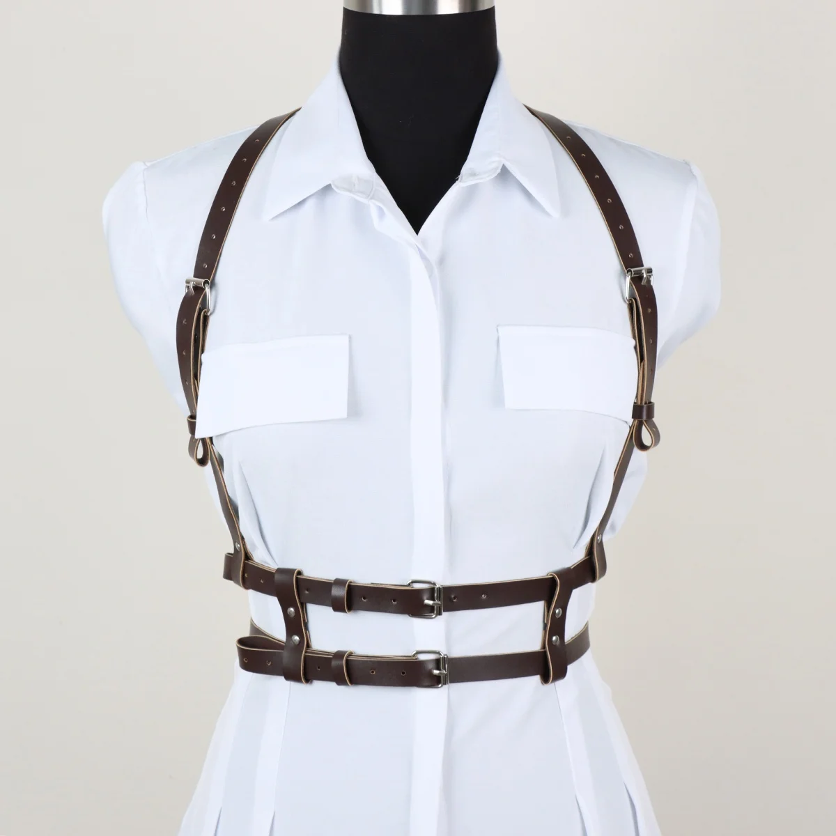 Damen Kunstleder-Set Steampunk Brustgurt + Oberschenkelholster Mittelalterliches Piraten-Cosplay-Kostüm Zubehör Halloween – Detail 3