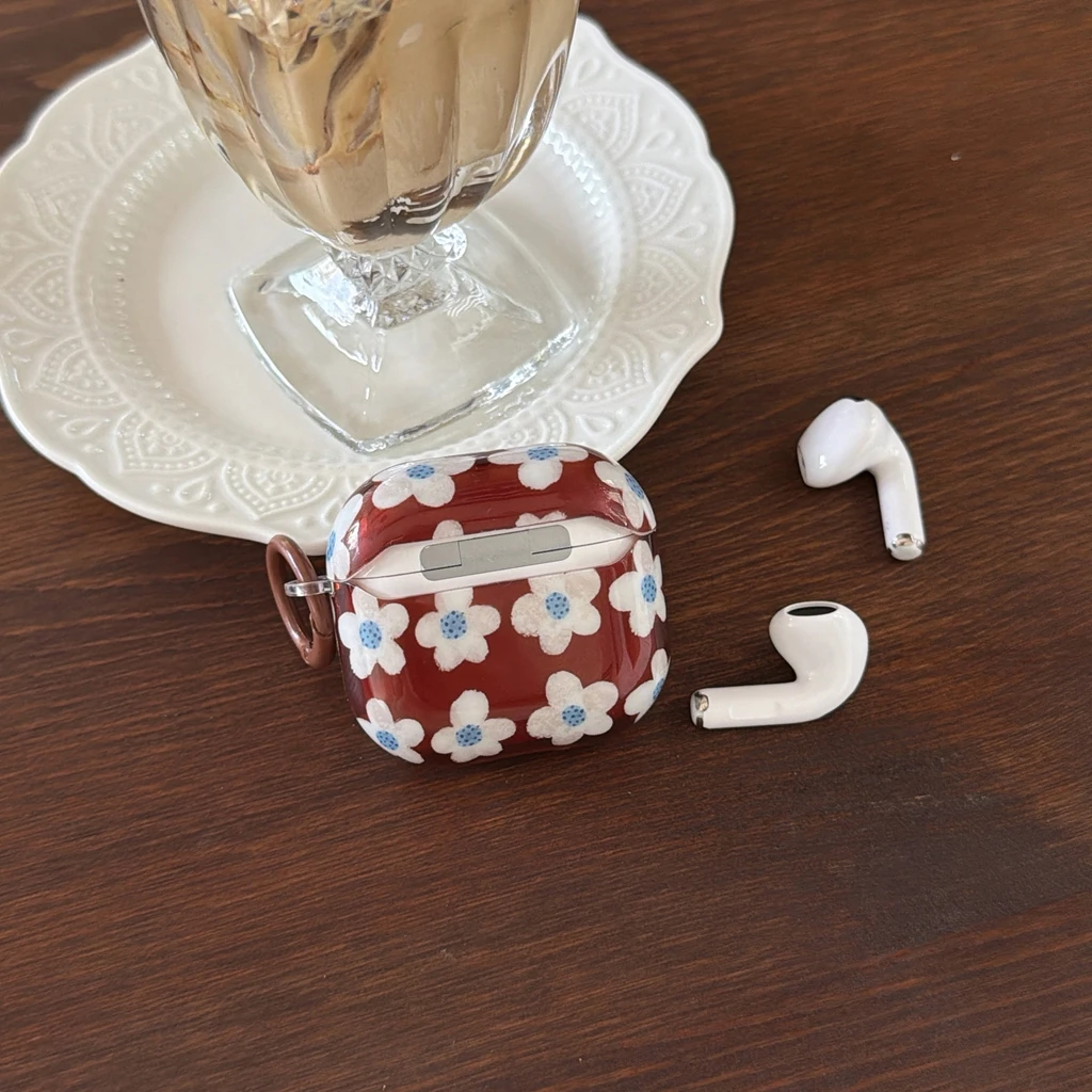 Beautiful Brown Background White Small Flowers With Hook Earphone Case Cover for AirPods 1 or 2 3 4 Pro 2 Pro 3