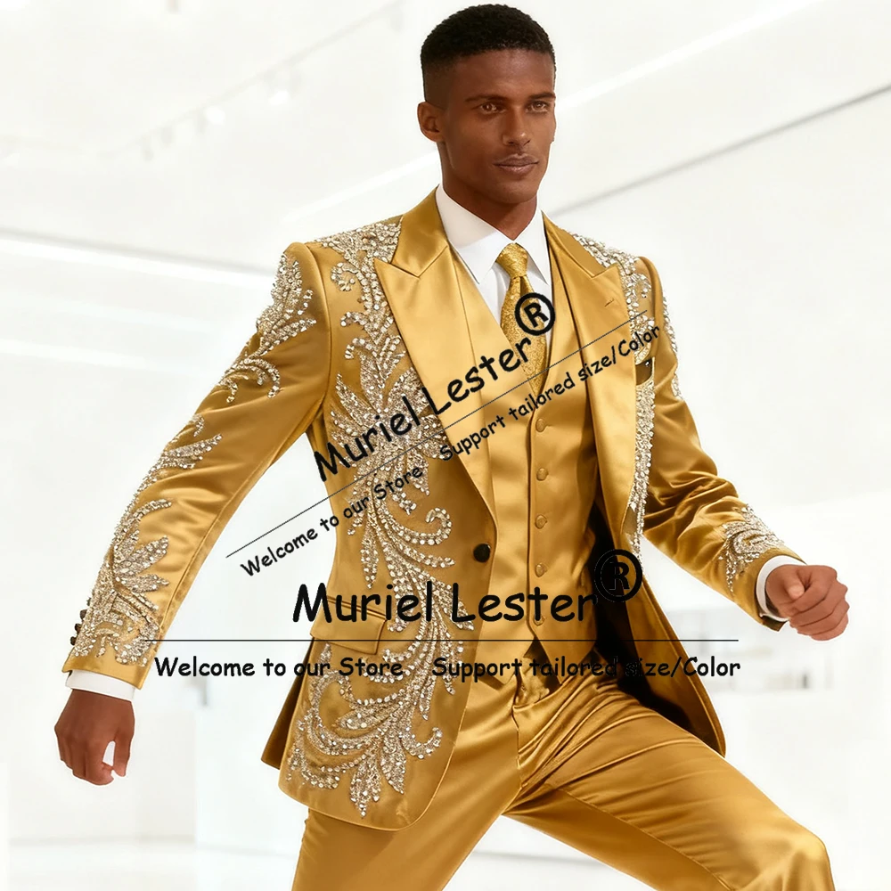 

Серебряный костюм с кристаллами из бисера для мужчин, комплекты из 3 предметов, сверкающие золотые пиджаки для жениха, индивидуальные мужские смокинги для банкета, свадебной вечеринки