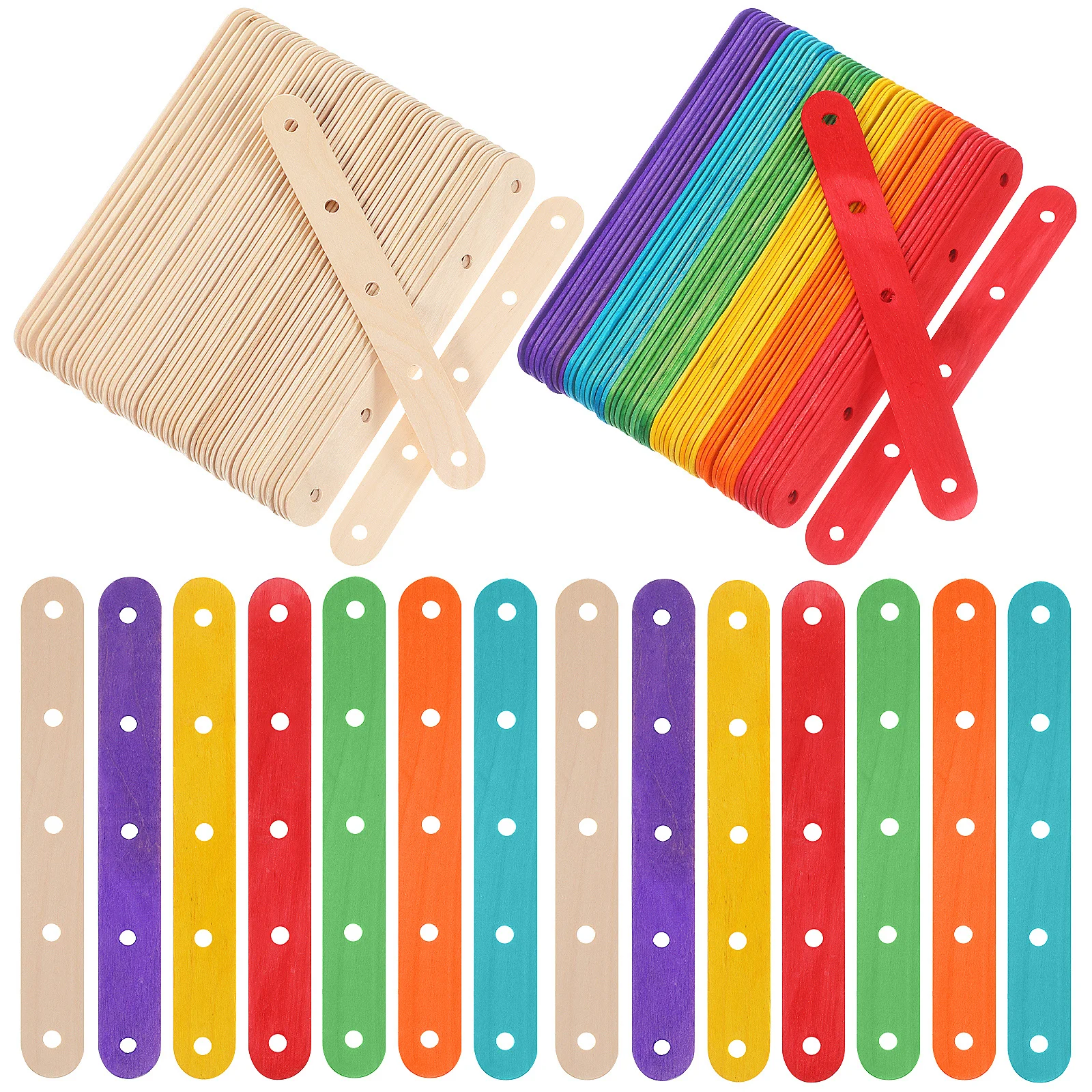 200 قطعة من أعواد المصاصة الخشبية الملونة ثقوب مسبقًا للحرف اليدوية لوازم الفصول الدراسية الفنية ذاتية الصنع أعواد يدوية خشبية