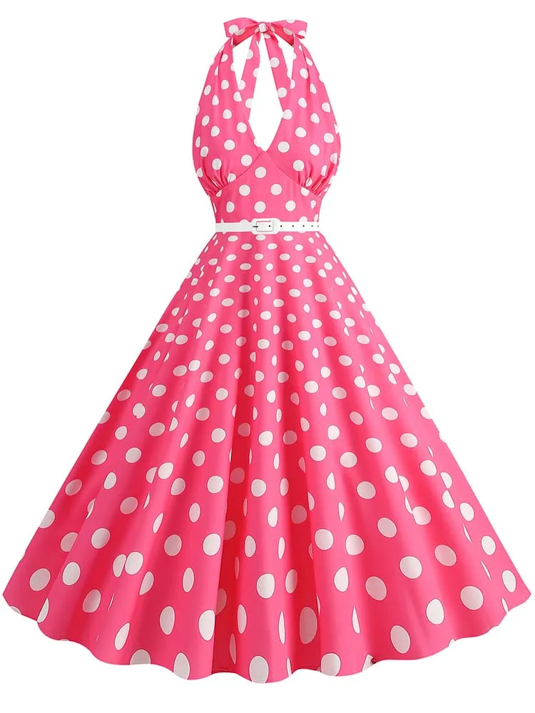 

2023 England Style Casual Summer Dress Women Pink Polka Dot Halter Retro Vintage Elegant Party Sundress