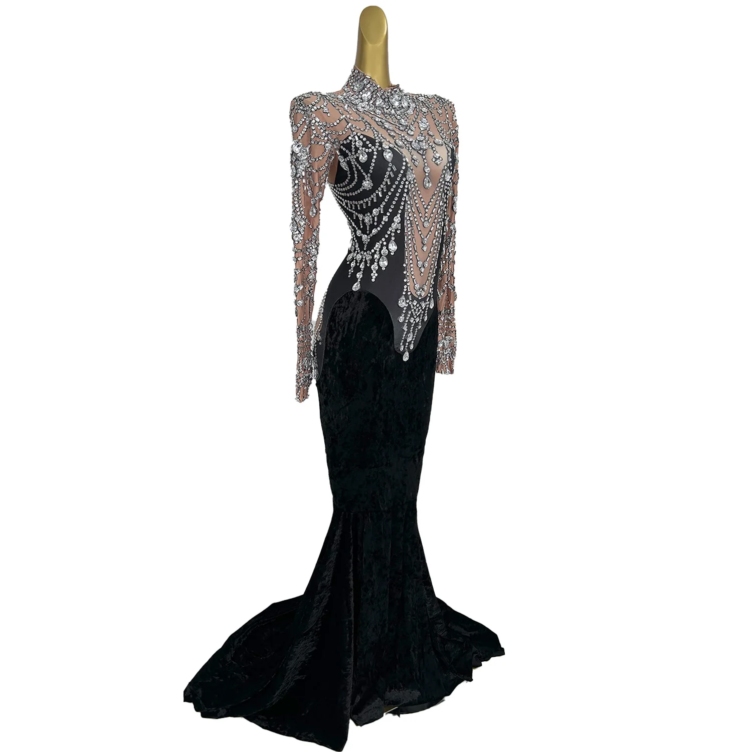 Vestido de sirena de noche de terciopelo de lujo para mujer, vestido Sexy de fiesta de cristal, vestido largo de graduación, trajes de escenario de cantante Sirongqun