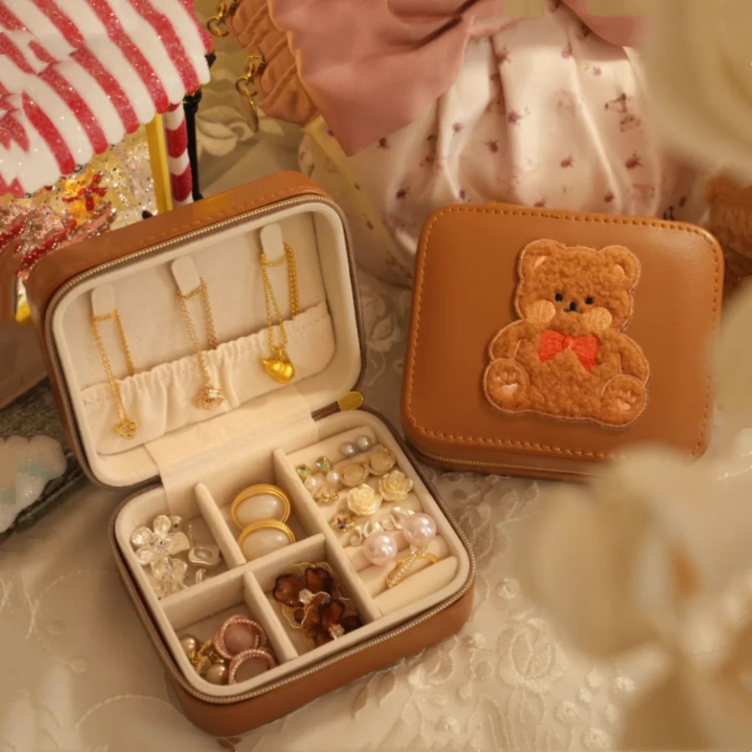 لطيف الدب صندوق مجوهرات بولي Jewelry مجوهرات منظم عرض حالة للنساء أقراط خواتم القلائد السفر صندوق تخزين محمول