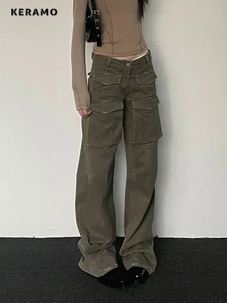 

Women's Y2K Pockets 2000s Grunge High Street Denim Trouser Washed Vintage Casual Classic Emo Pants Retro High Waist Solid Jeans