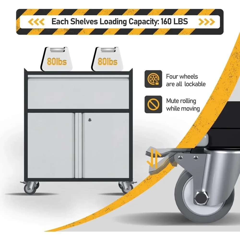 Metalen opbergkast met lade en 2 deuren verstelbare planken, werkbank mobiele gereedschapskisten garage met 4 wielen, kluisjes