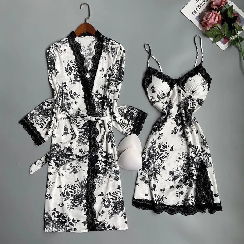 Print Nighty&Robe Set Summer New Bathrobe Gown Women Lace Kimono Sleepwear Casual Silky Satin Nightgown Home Dress Lounge Wear