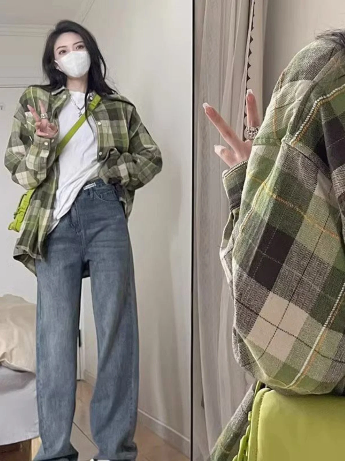 

Зеленая клетчатая рубашка женская, весенняя новинка, элегантная, красивая, свободного кроя, стильная верхняя одежда, классический воротник, длинный рукав
