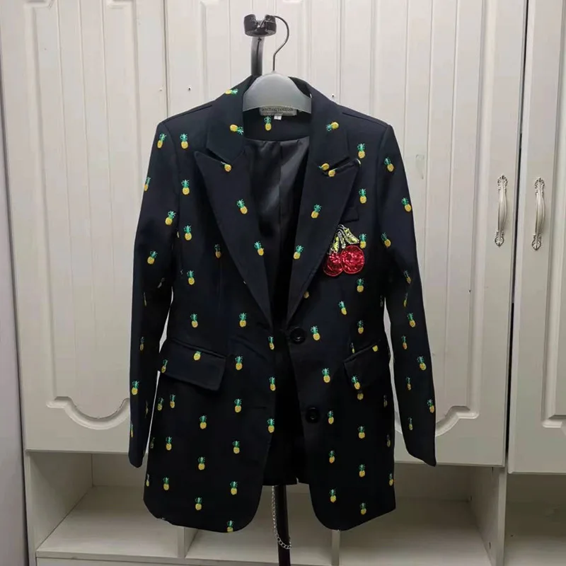 Cherry sequin embroideren small suit women notched pineapple printed blazer blaser femimino alfaiataria