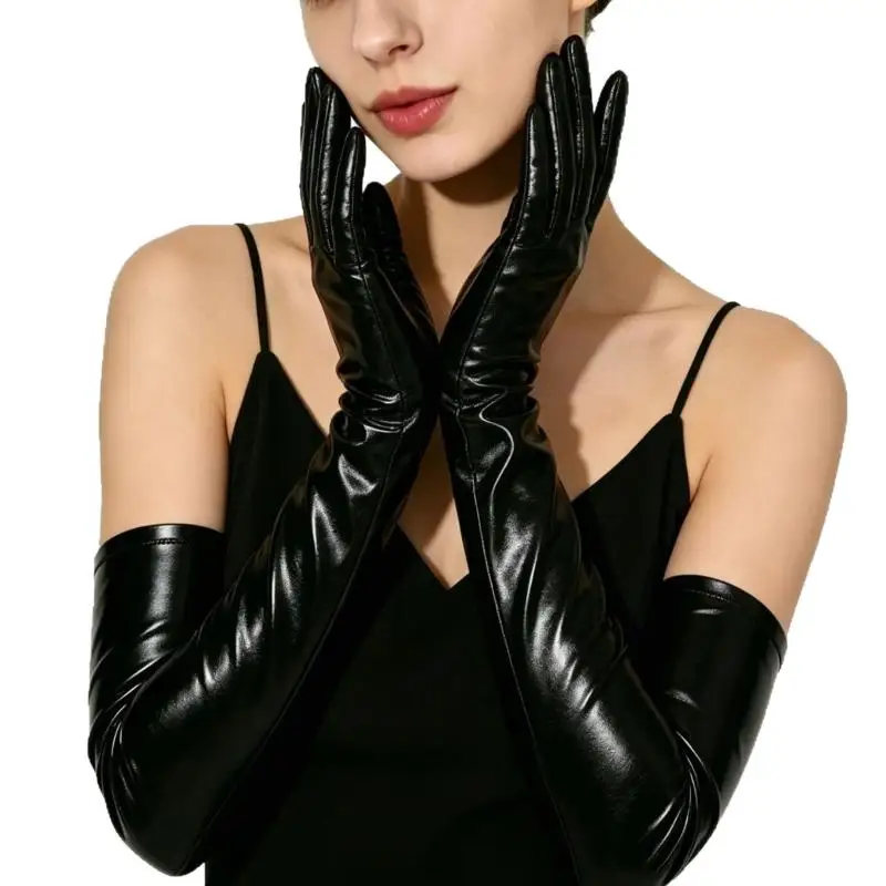 Sexy Lackleder Damen Lange Handschuhe, Punk Rock HipHop Jazz Disco Pole Dance Metallische Fäustlinge, Halloween Cosplay – Detail 6
